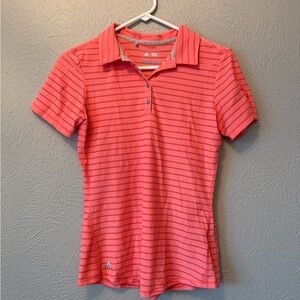 adidas Coral and Black Striped Short Sleeve Polo